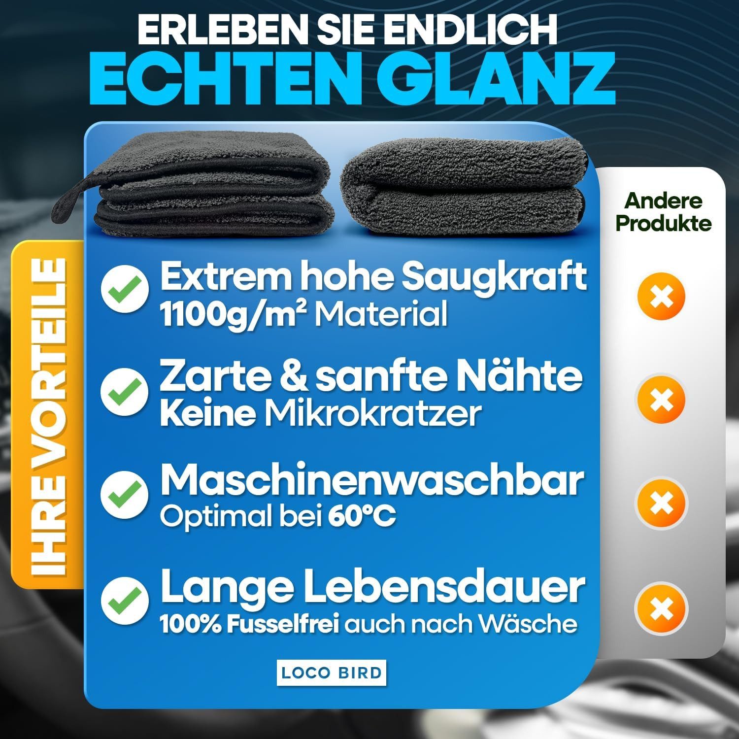 Loco Bird Mikrofasertücher Auto 1100 GSM, extrem saugstarke Trockentuch Mikrofasertuch (40x40 cm, 3-tlg., flauschig weiches Trockentuch Auto - Microfasertuch für Autopflege, Streifenfreie und fusselfreie Reinigung sowie Politur von Oberflächen)