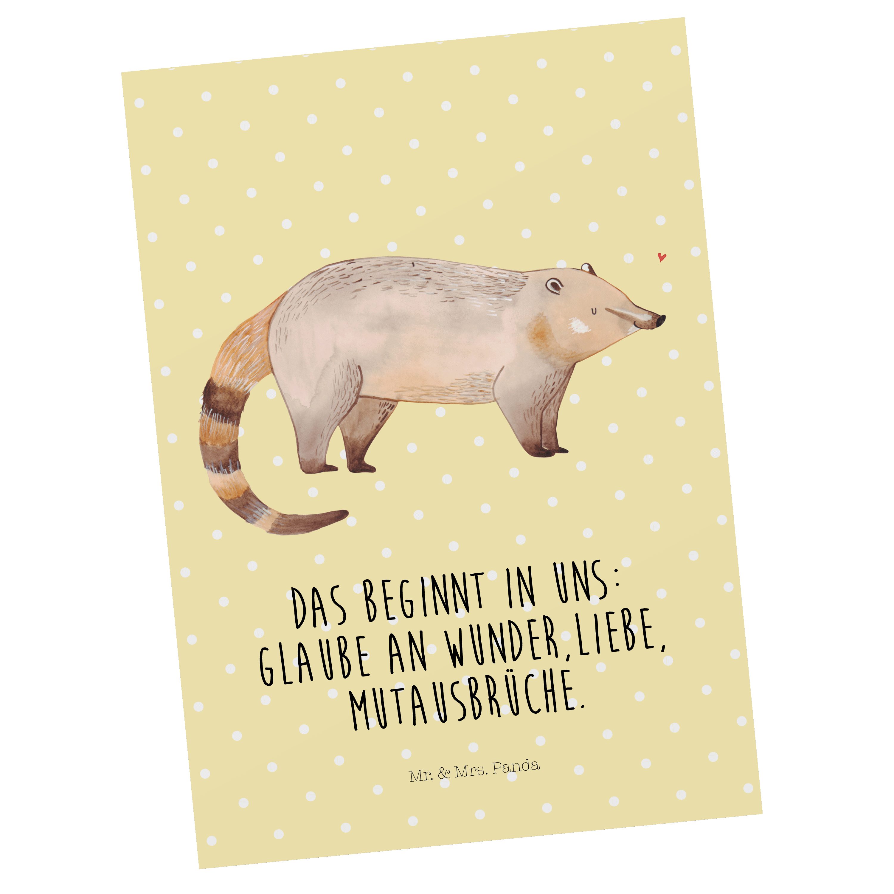 Mr. & Mrs. Panda Postkarte Nasenbär - Gelb Pastell - Geschenk, lustige Sprüche, Geschenkkarte, N