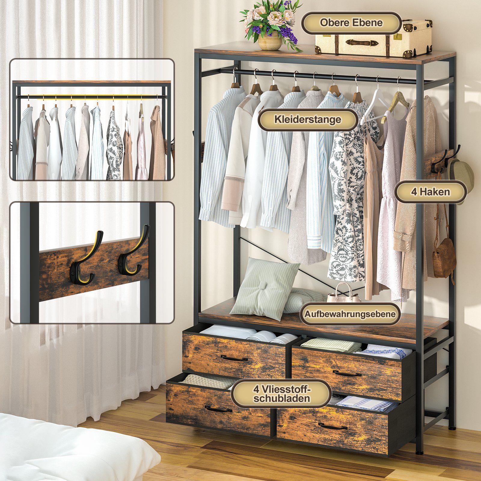 Yorbay Kleiderständer Garderobenständer Kleiderständer 100 x 40 x 180 cm, (Aus MDF und Stahl, mit Kleiderstange, Ablagen, 4 Schubladenboxen), Offener Kleiderschrank für Wohnzimmer, Schlafzimmer, Flur
