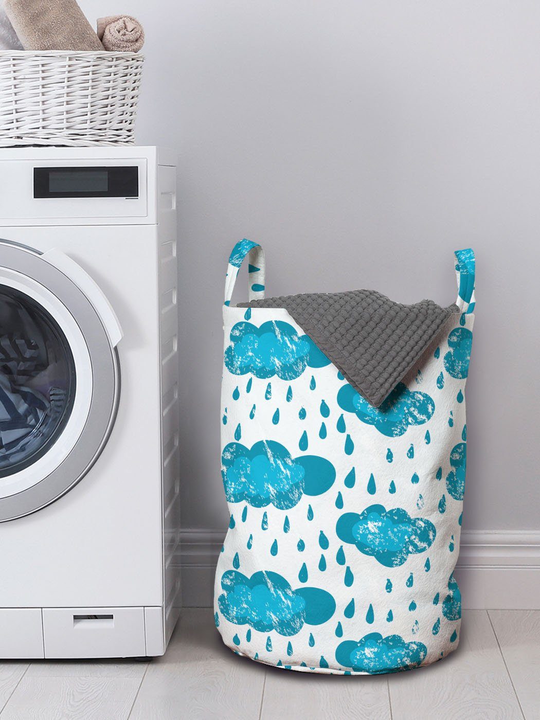 Abakuhaus Wäschesäckchen Wäschekorb mit Wolken Kordelzugverschluss weiß und Griffen für Blau Raining Waschsalons