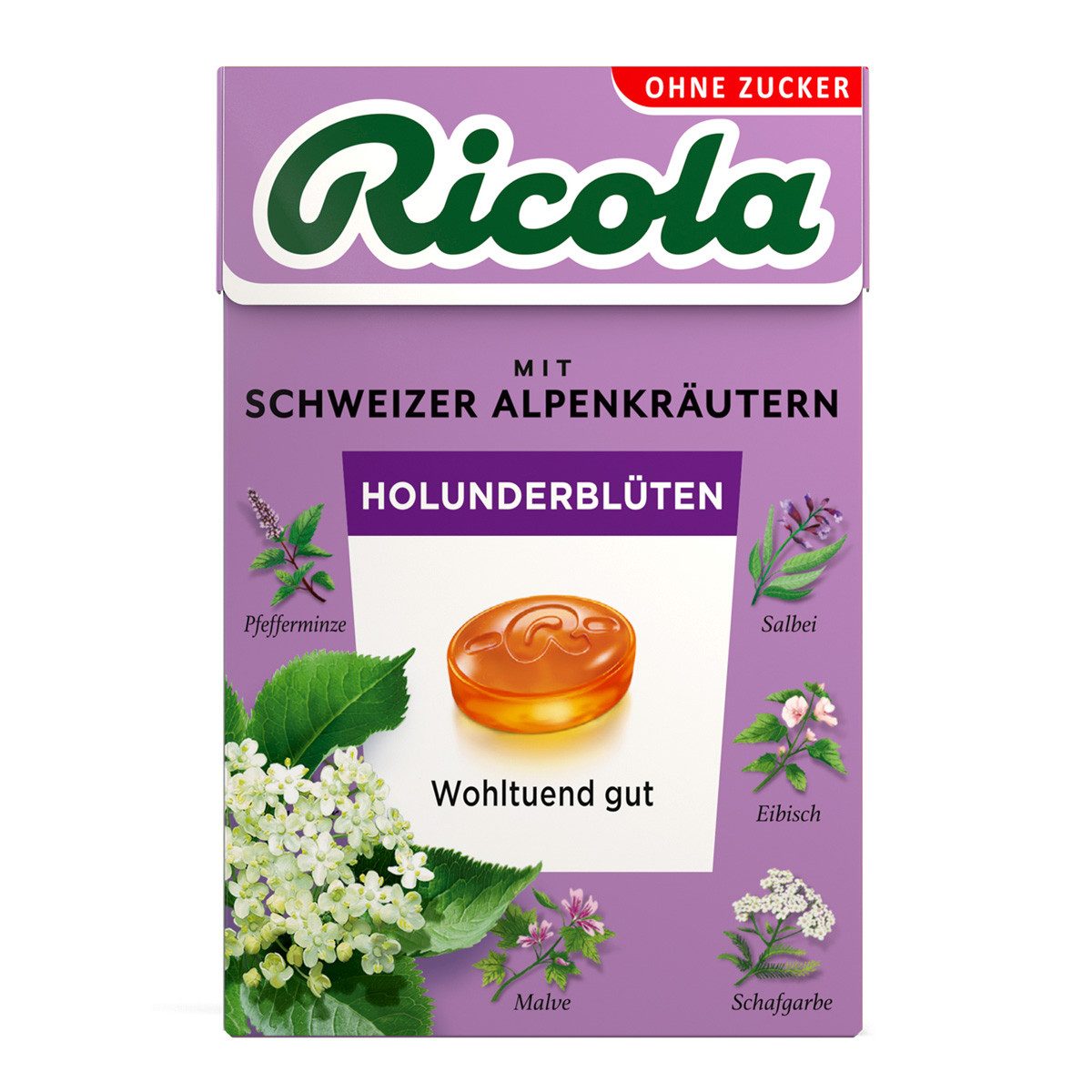 RICOLA Süßigkeit, Ricola Holunderblüten ohne Zucker Schweizer Kräuter im Böxli 50g