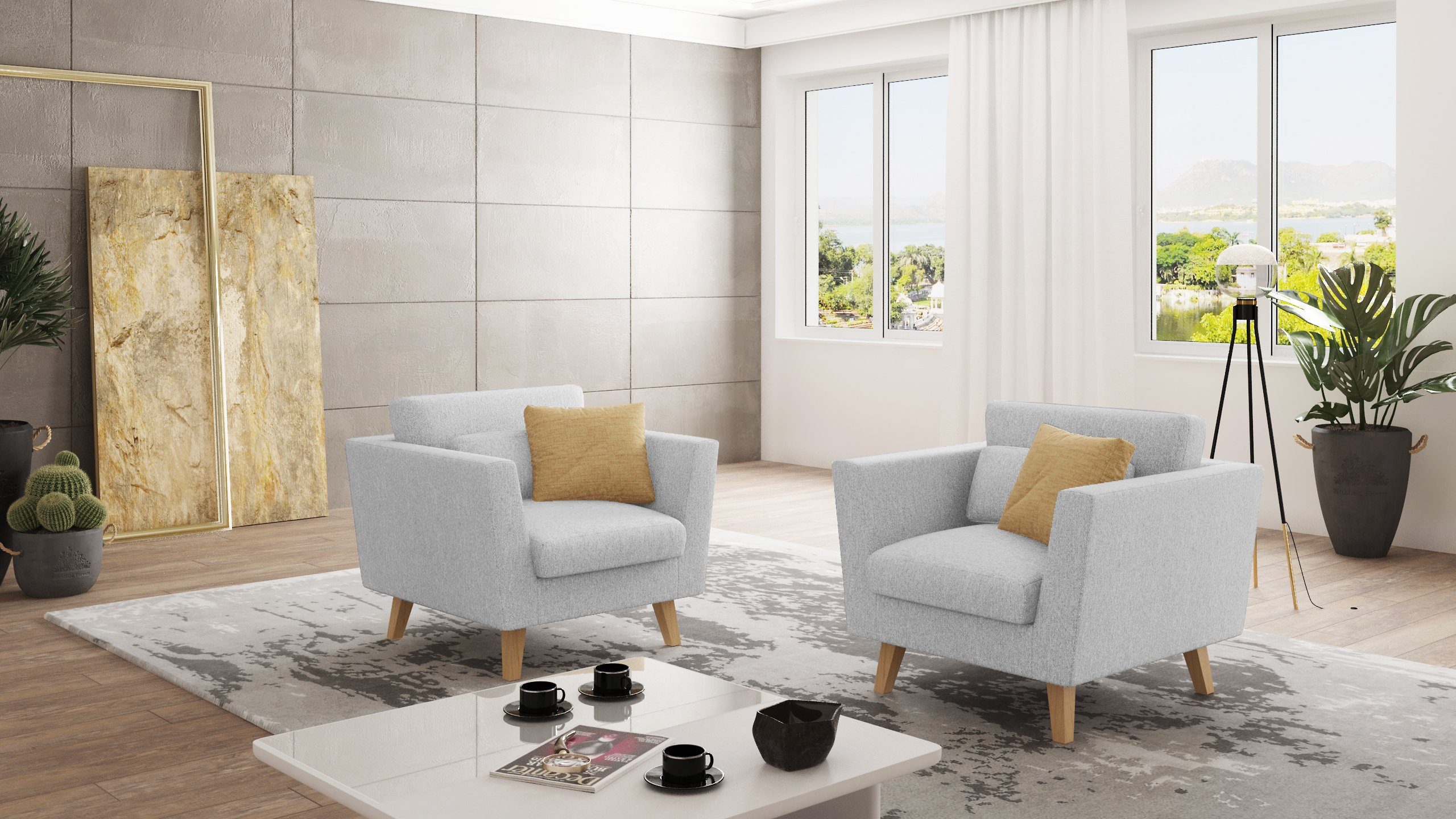 Angeles Silber Sessel Wellenfederung S-Style mit Design, im Möbel skandinavischen