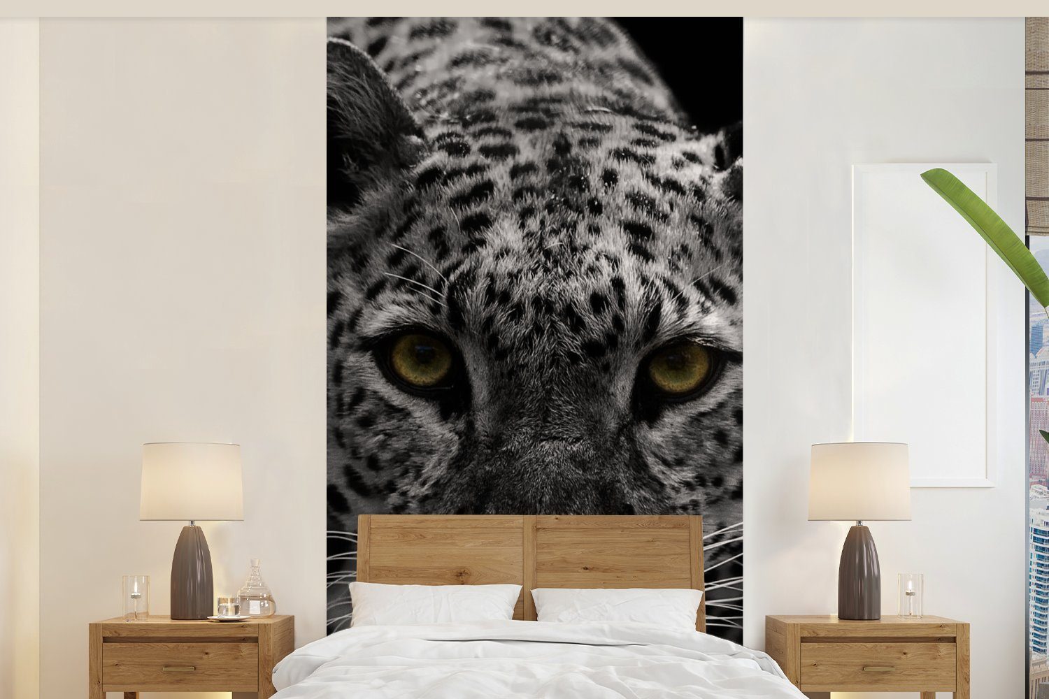 MuchoWow Fototapete Schwarz-Weiß-Foto eines farbigen Leoparden, Matt, bedruckt, (2 St), Vliestapete für Wohnzimmer Schlafzimmer Küche, Fototapete | Fototapeten