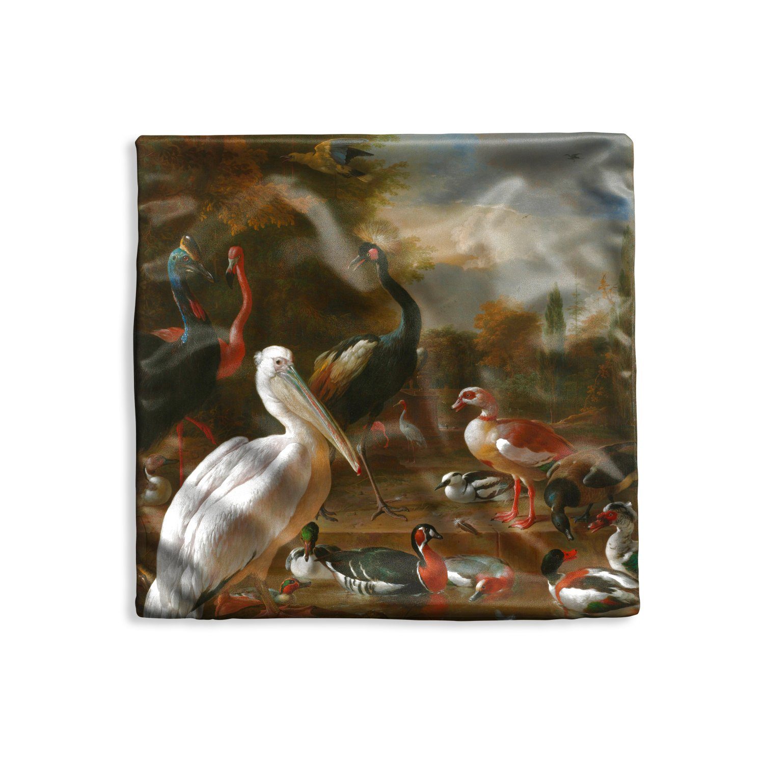 MuchoWow Dekokissen Ein Pelikan und andere Vögel in der Nähe eines Wasserbeckens - Melchio, Kissenbezüge, Kissenhülle, Deko Kissenbezug, Kissen, 40x40 cm