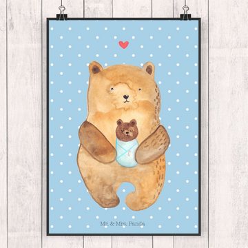 Mr. & Mrs. Panda Poster DIN A5 Bär Baby - Blau Pastell - Geschenk, Enkelin, Teddybär, Wanddek, Bär mit Baby (1 St), Lebendige Farben