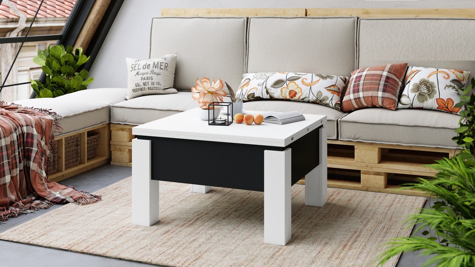 designimpex Couchtisch Design Couchtisch Tisch Oslo höhenverstellbar aufklappbar Esstisch Weiß matt - Schwarz matt