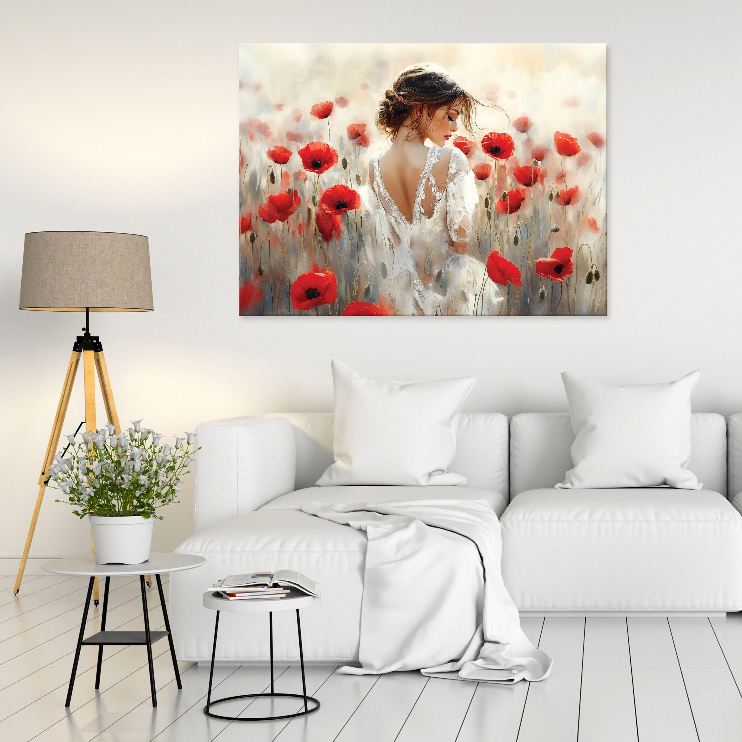 Wallarena Leinwandbild Frau Mohnblumen Rot Natur Wiese Modern Wandbilder Wand Deko XXL Bilder, Frau (groß Bilder Wohnzimmer Schlafzimmer Einteilig, 1 St), Bilder Klein Wohnzimmer Schlafzimmer Küche Wandbild Wand Deko 40x30