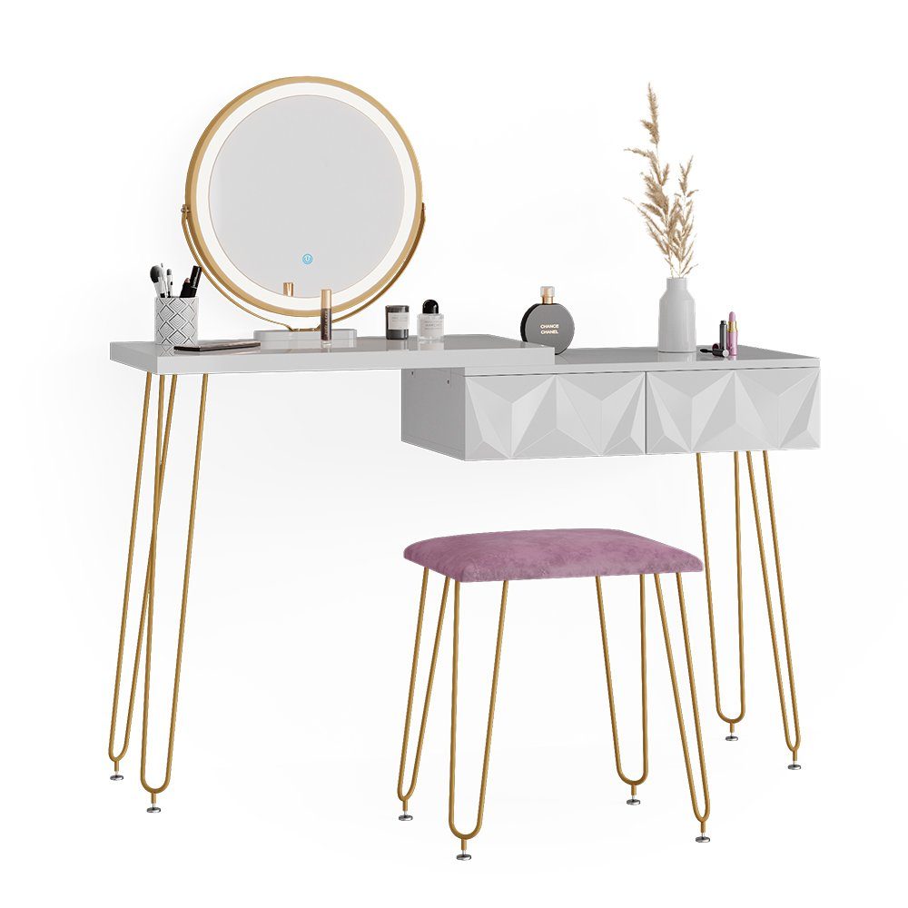 Vicco Schminktisch Bella, Weiß, 120 cm mit LED Beleuchtung und Hocker