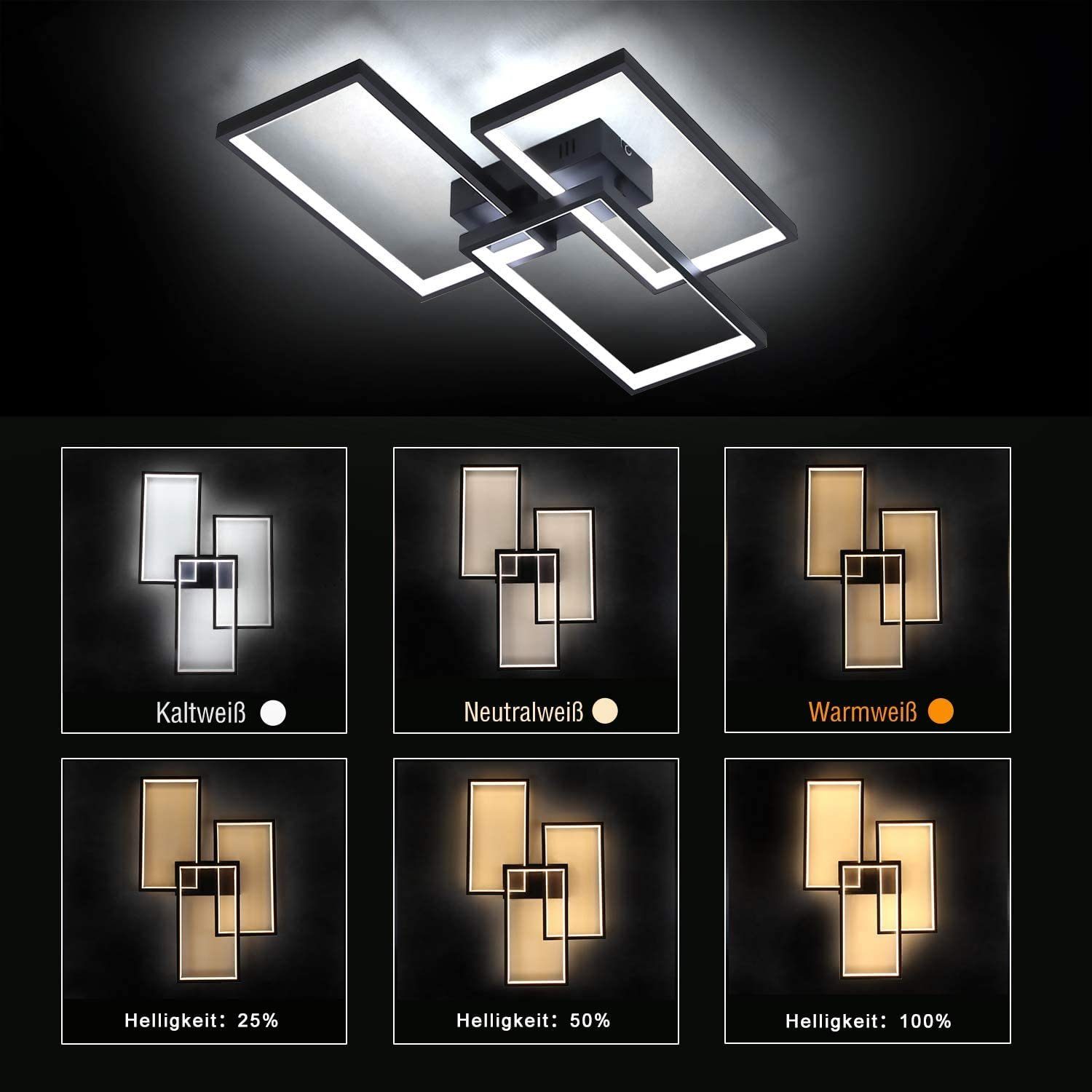 Nettlife LED Deckenleuchte LED-Deckenleuchte in schwarz drei quadratischen, LED fest integriert, Warmweiß Neutralweiß Kaltweiß