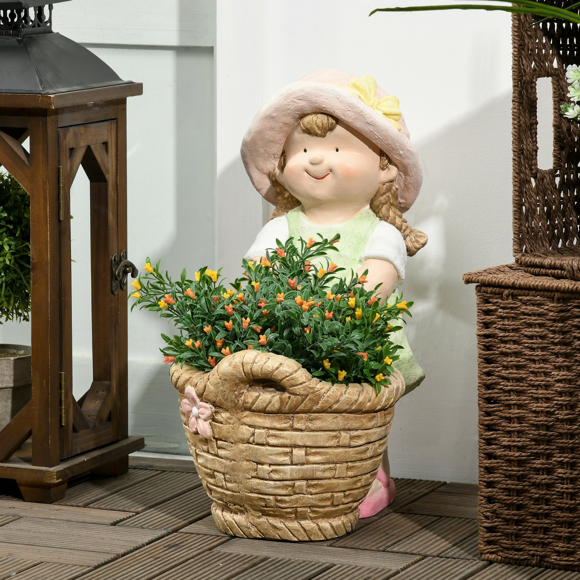 Outsunny Gartenfigur "Mädchen mit Blumentopf", Gartendeko, Skulptur für Heimdekoration
