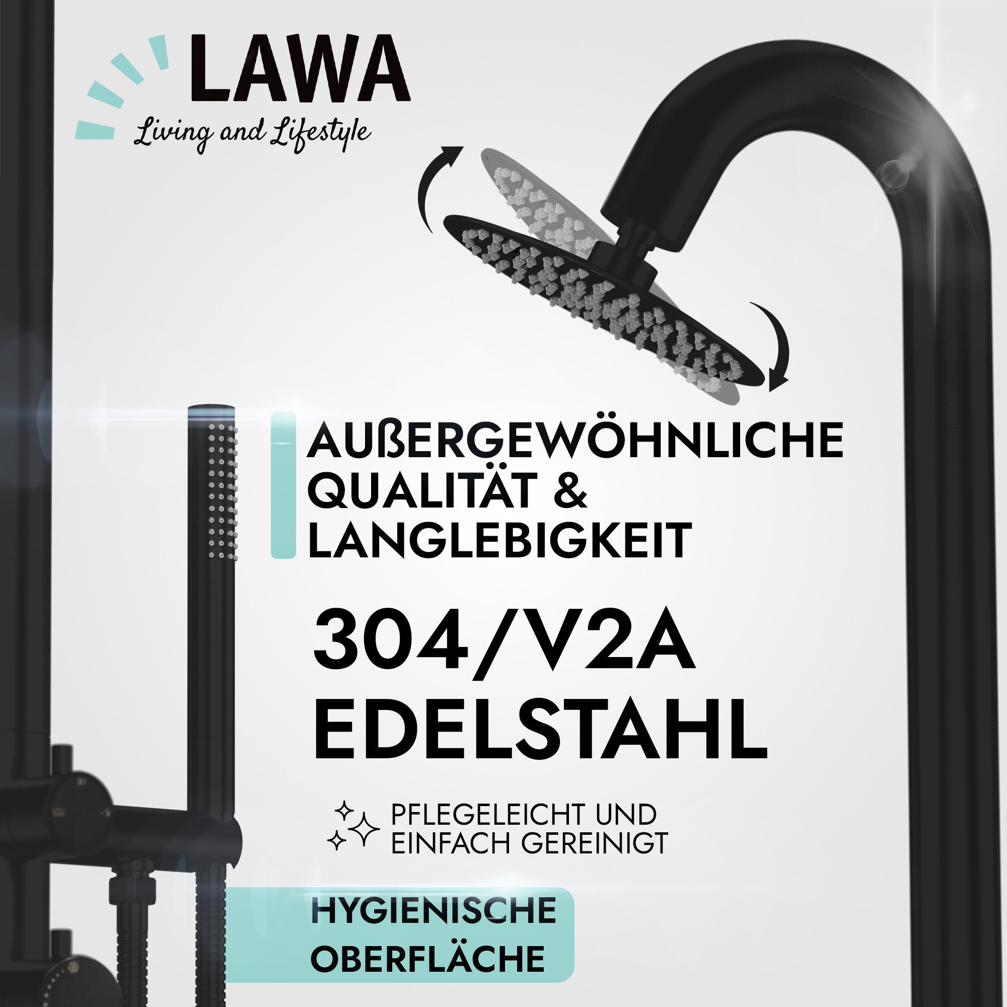 LAWA Living and Lifestyle Gartendusche 304 / V2A Edelstahl Handbrause und Anti-Kalk Regendusche rostfrei (2 Anschlüsse, restentleert - winterfest), Warm- Kaltwasserdusche Aussendusche Outdoordusche Pool