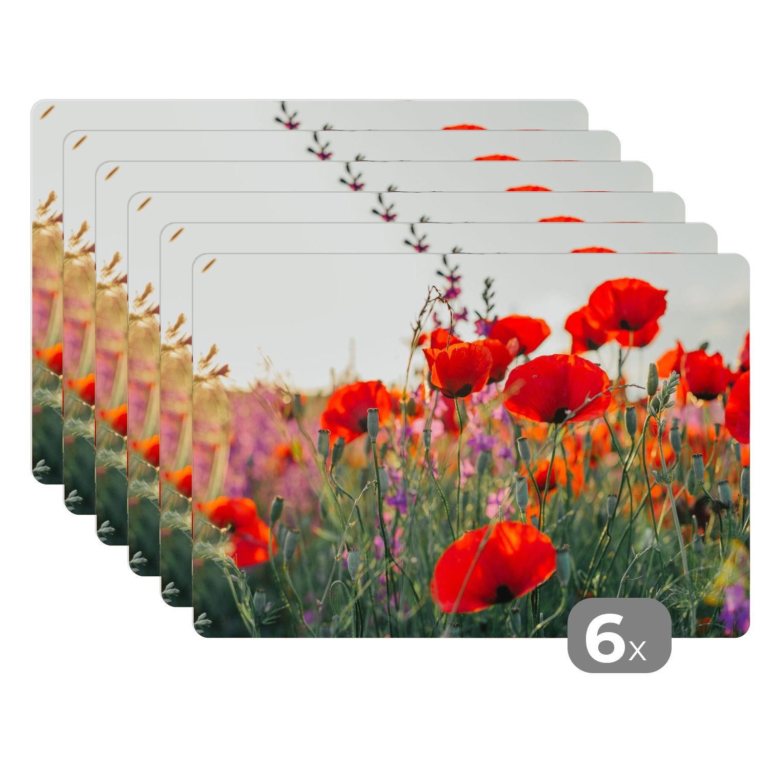 MuchoWow Platzset Mohn - Blumen - Rot - Lila - Wiese, (6-St), Platzsets, Tischset, Abwaschbar, Tischsets, Platzdeckchen