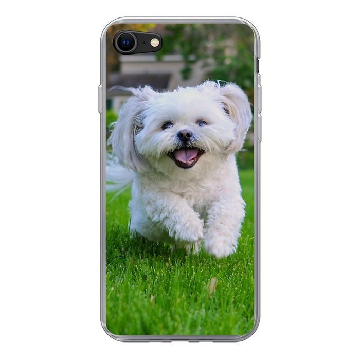MuchoWow Handyhülle Ein Shih Tzu Hund läuft durch das grüne Gras Handyhülle Apple iPhone 8 Smartphone-Bumper Print Handy Schutzhülle