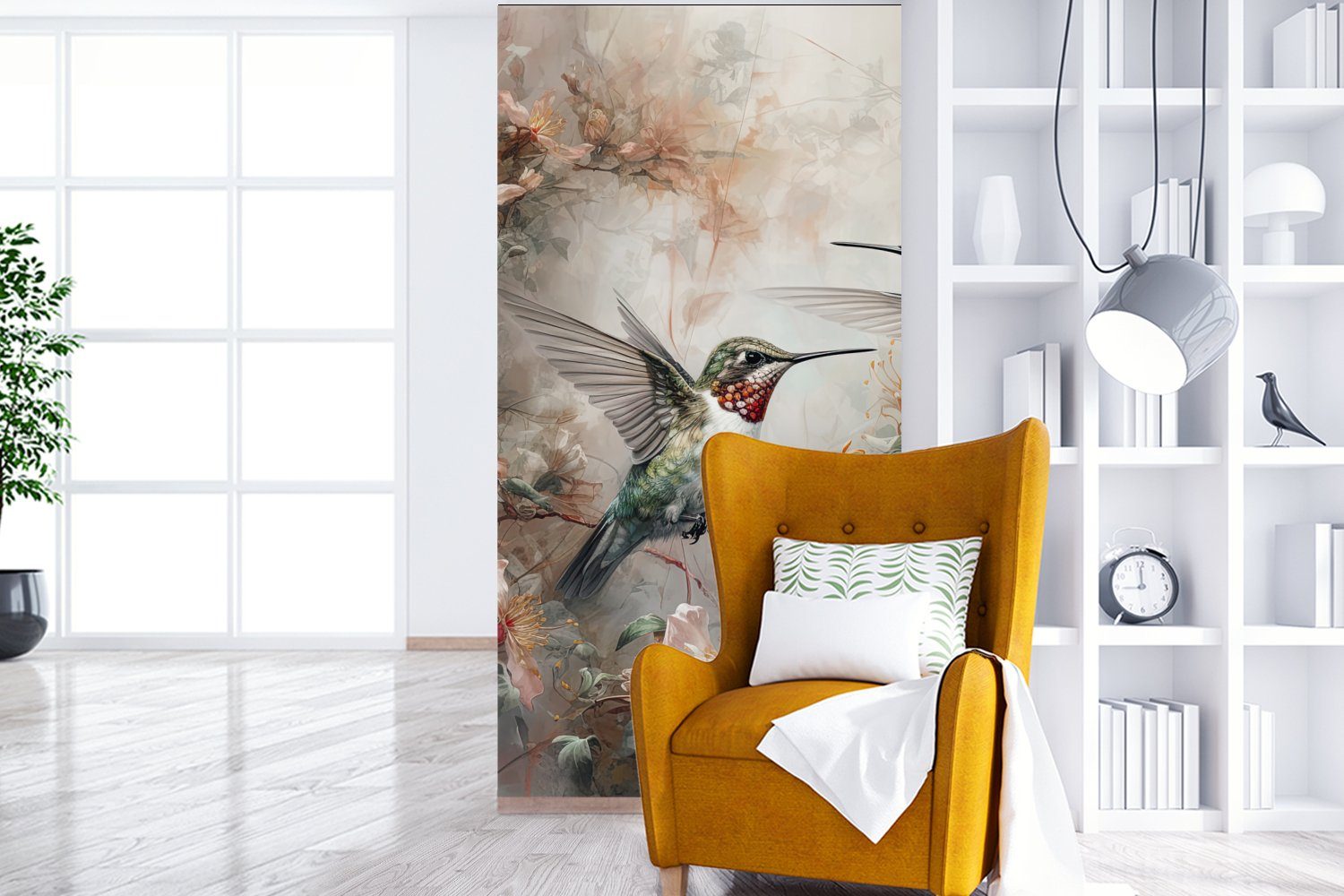 MuchoWow Fototapete Kolibri - Blumen - Vliestapete bedruckt, Küche, Matt, Schlafzimmer St), Vögel Pflanzen, (2 für Wohnzimmer Fototapete 