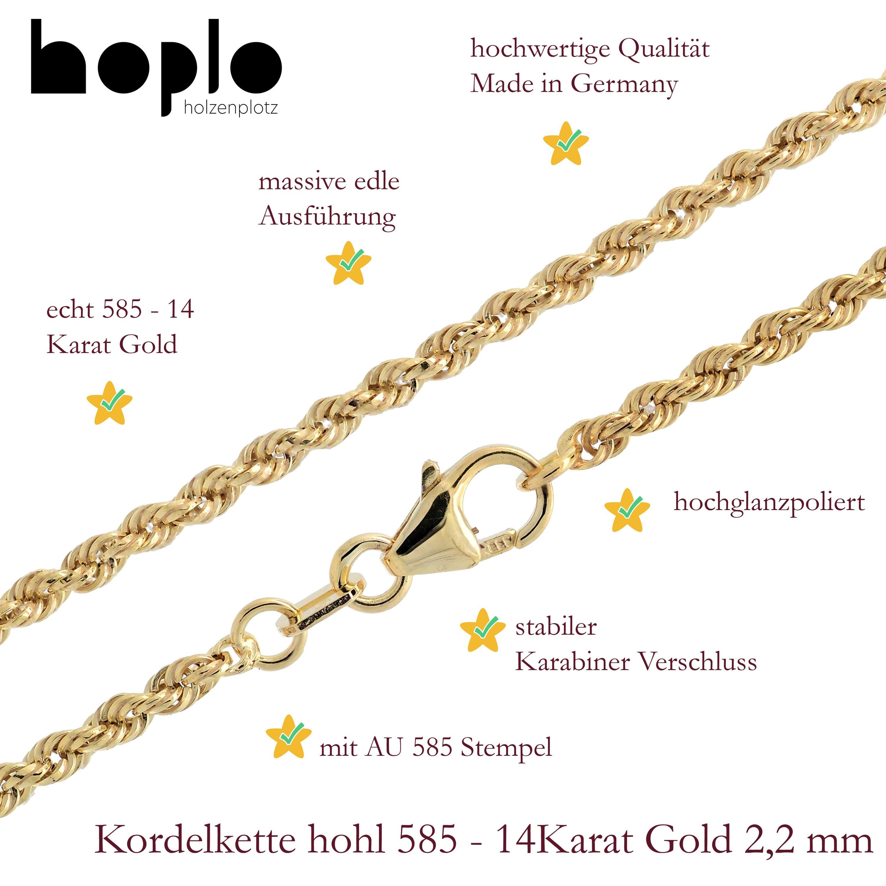 HOPLO Goldkette Goldkette Kordelkette Armkette Breite 2,2 mm 19 cm 585-14 Karat Gold, Made in Germany – Bild 5 von 5