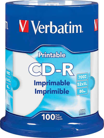 Verbatim CD-Rohling 100 Verbatim Rohlinge CD-R full printable 80Min 700MB 52x Spindel