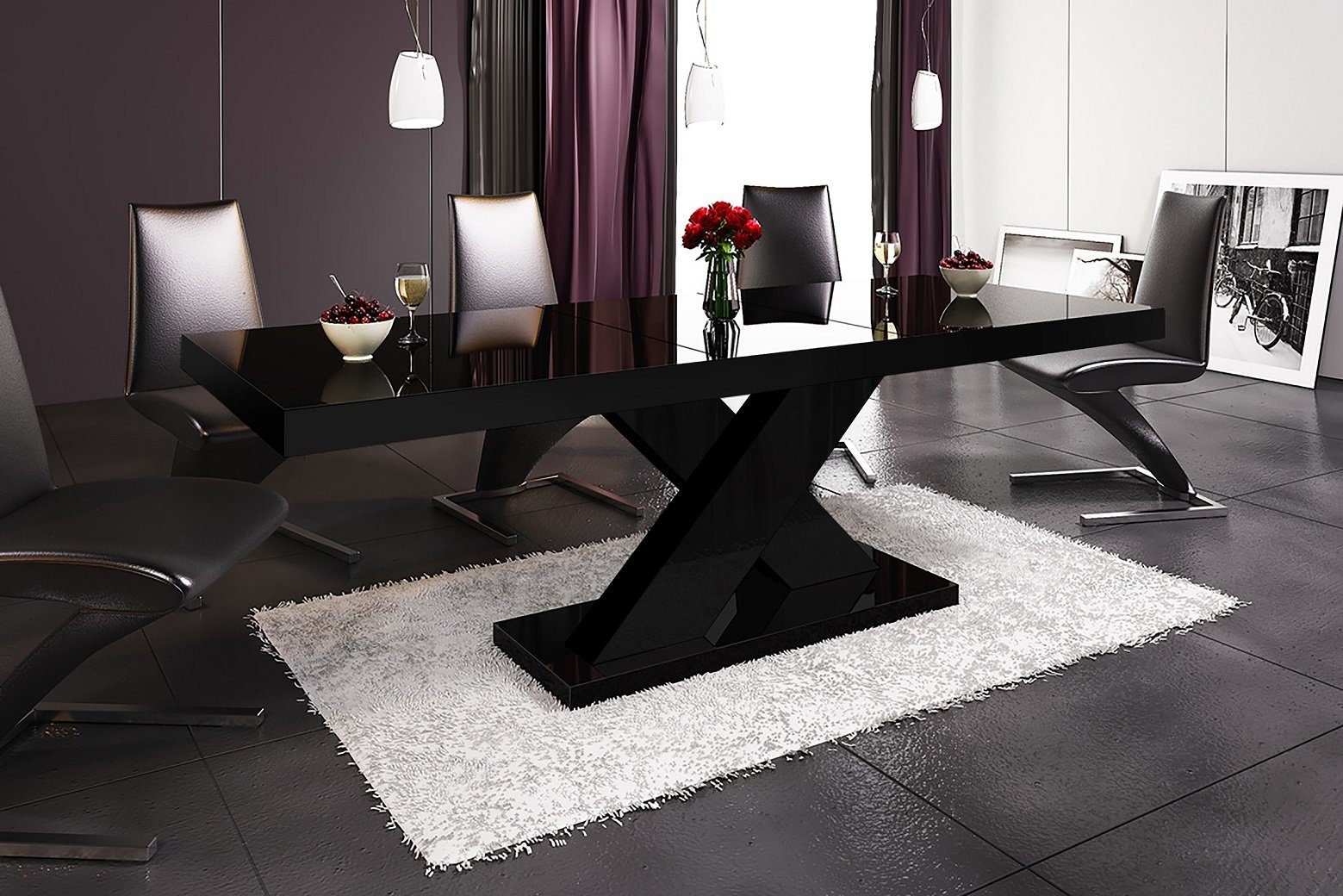 HE-888 cm designimpex Esstisch 160 bis 210 ausziehbar Design Schwarz Hochglanz Tisch