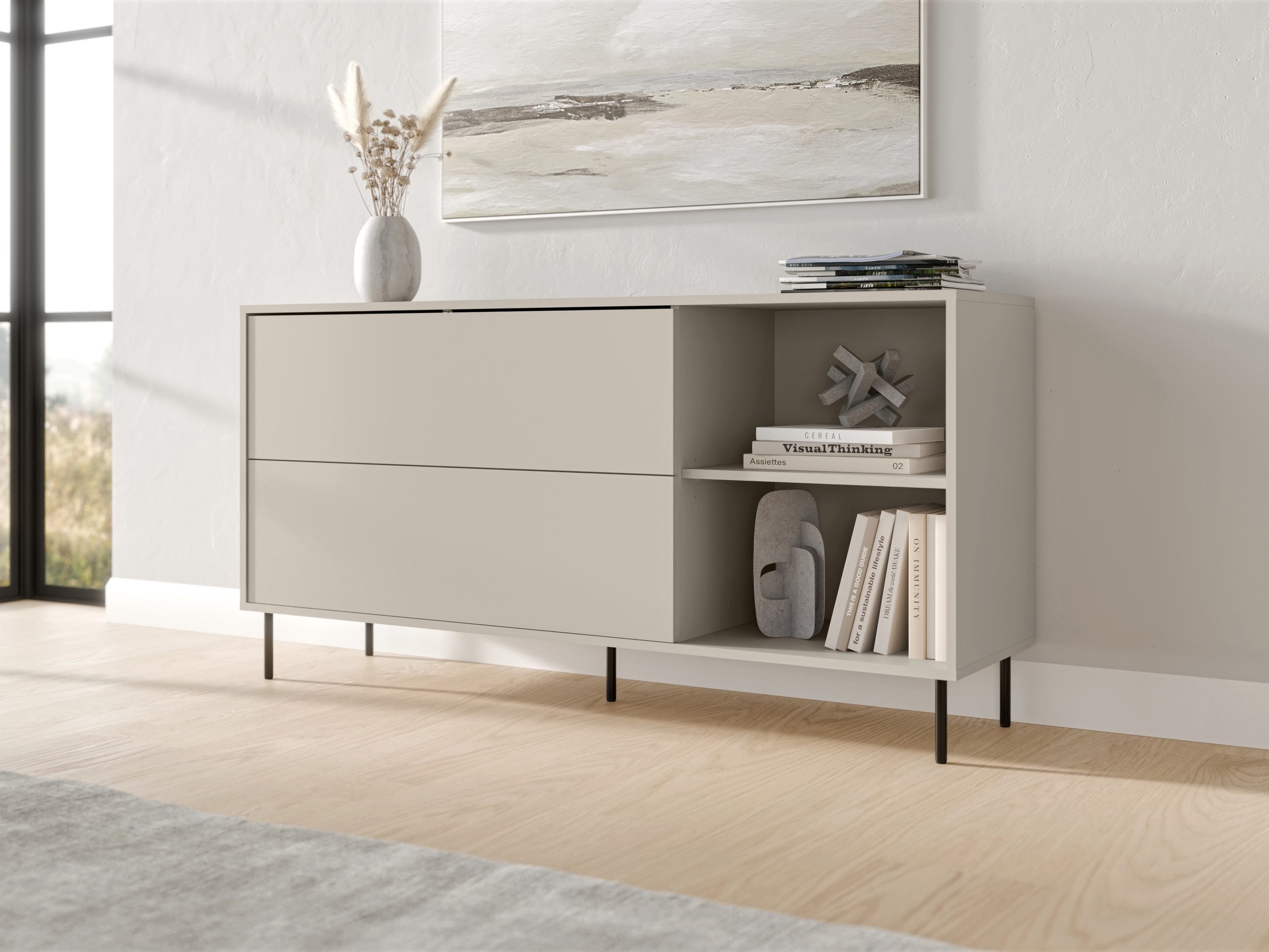MIRJAN24 Kommode Masha 150 2D2P (mit zwei Klappen), Schwarze Metallfüße, Gasdruckfeder, 151x39x75 cm