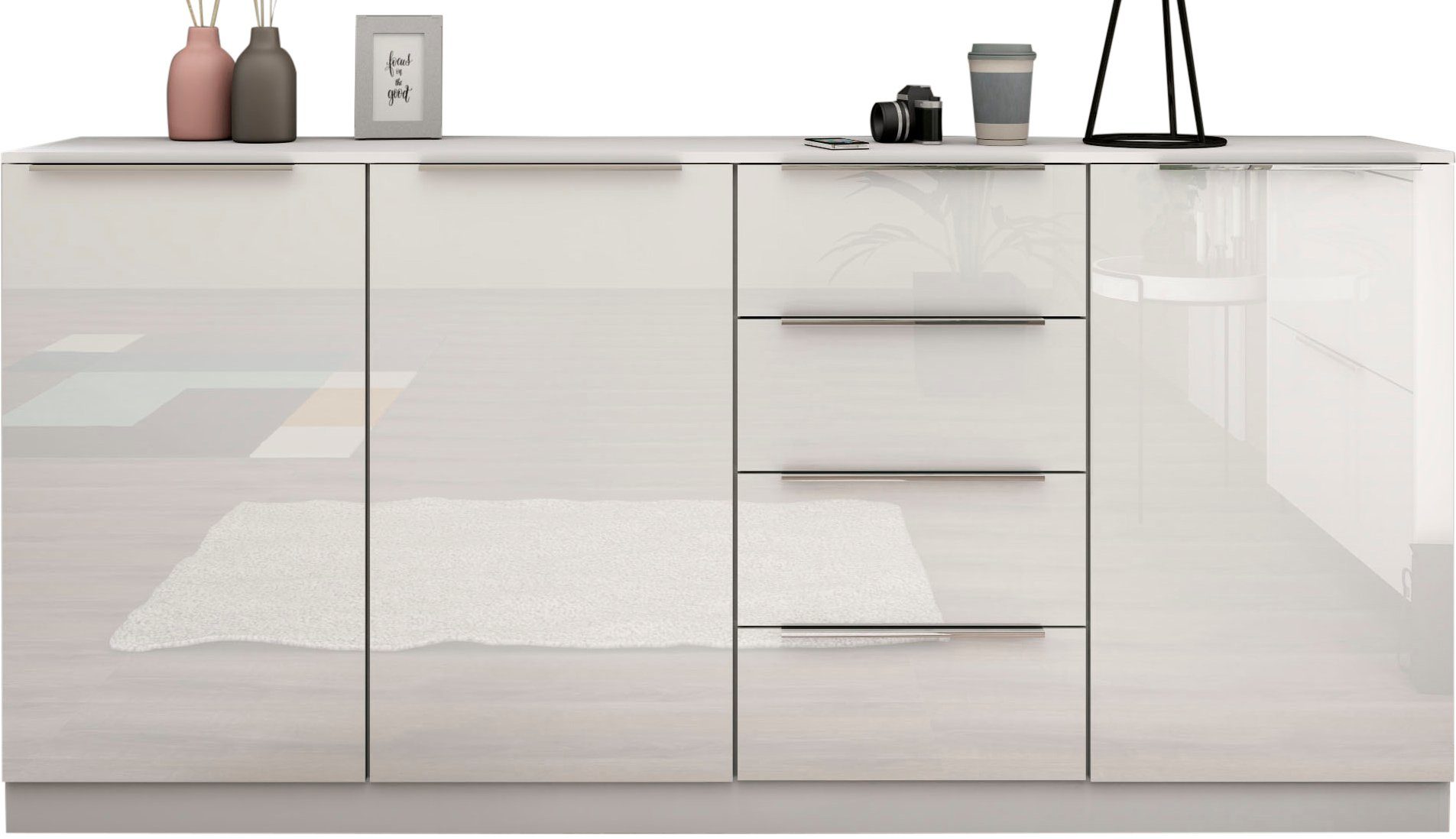 borchardt Möbel Highboard Oliva, Breite 200cm, moderne Kommode mit glänzenden Metallgriffen, viel Stauraum, Türen und Schubladen, Einlegeböden verstellbar