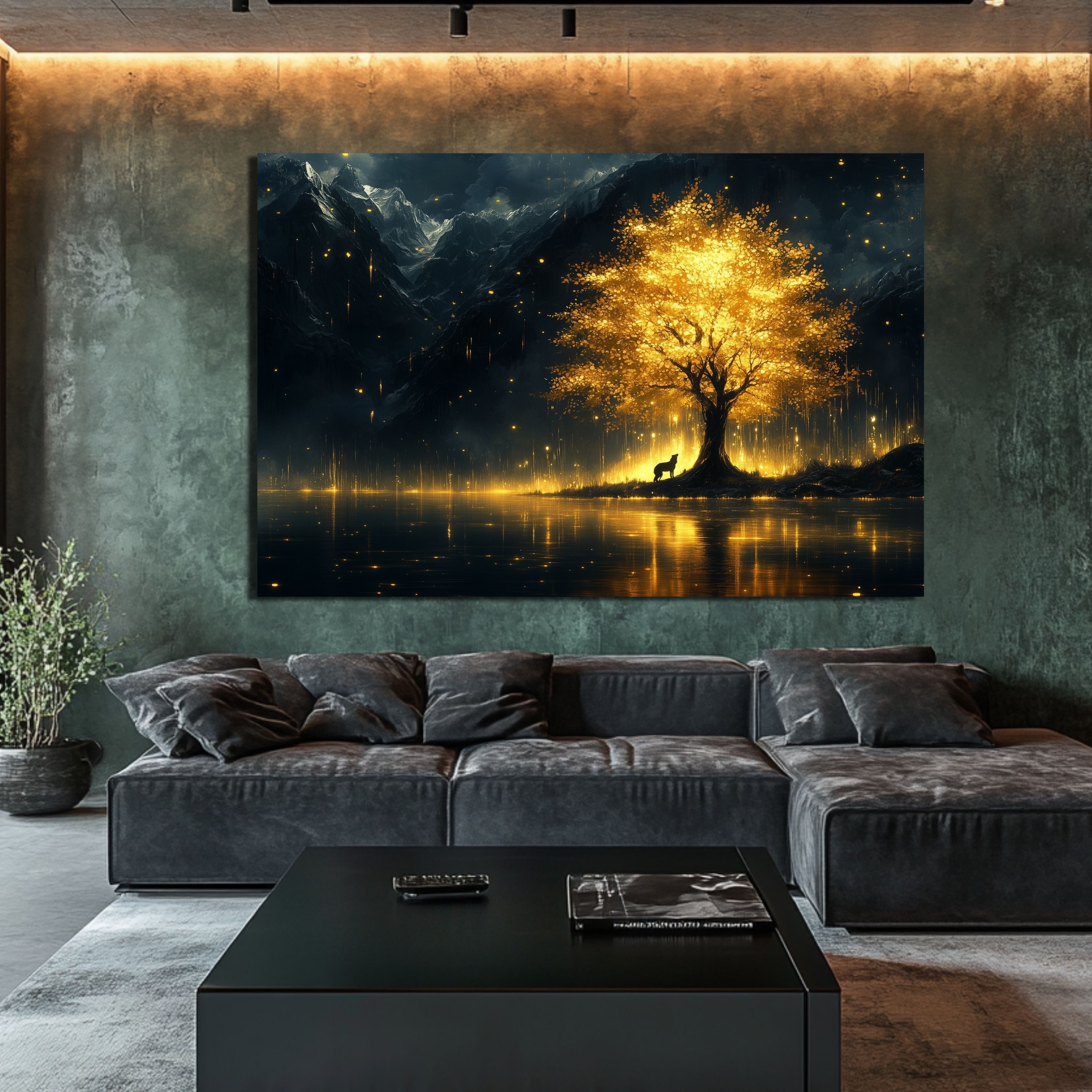 DARO Design Leinwandbild Modern Abstrakt Wandbilder XXL Wandbild Wand Deko Leinwand Bilder, (Wolf am goldenen Baum - Bild groß Wohnzimmer Esszimmer Schlafzimmer – Bild 4 von 5