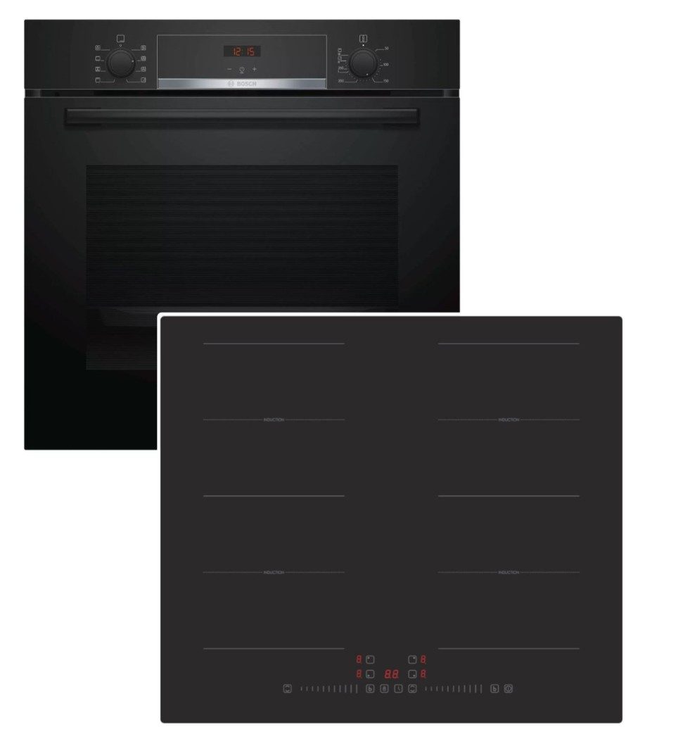 BOSCH Backofen-Set Einbaubackofen 3D-Heißluft EcoClean+ PKM Induktionskochfeld Flexzonen