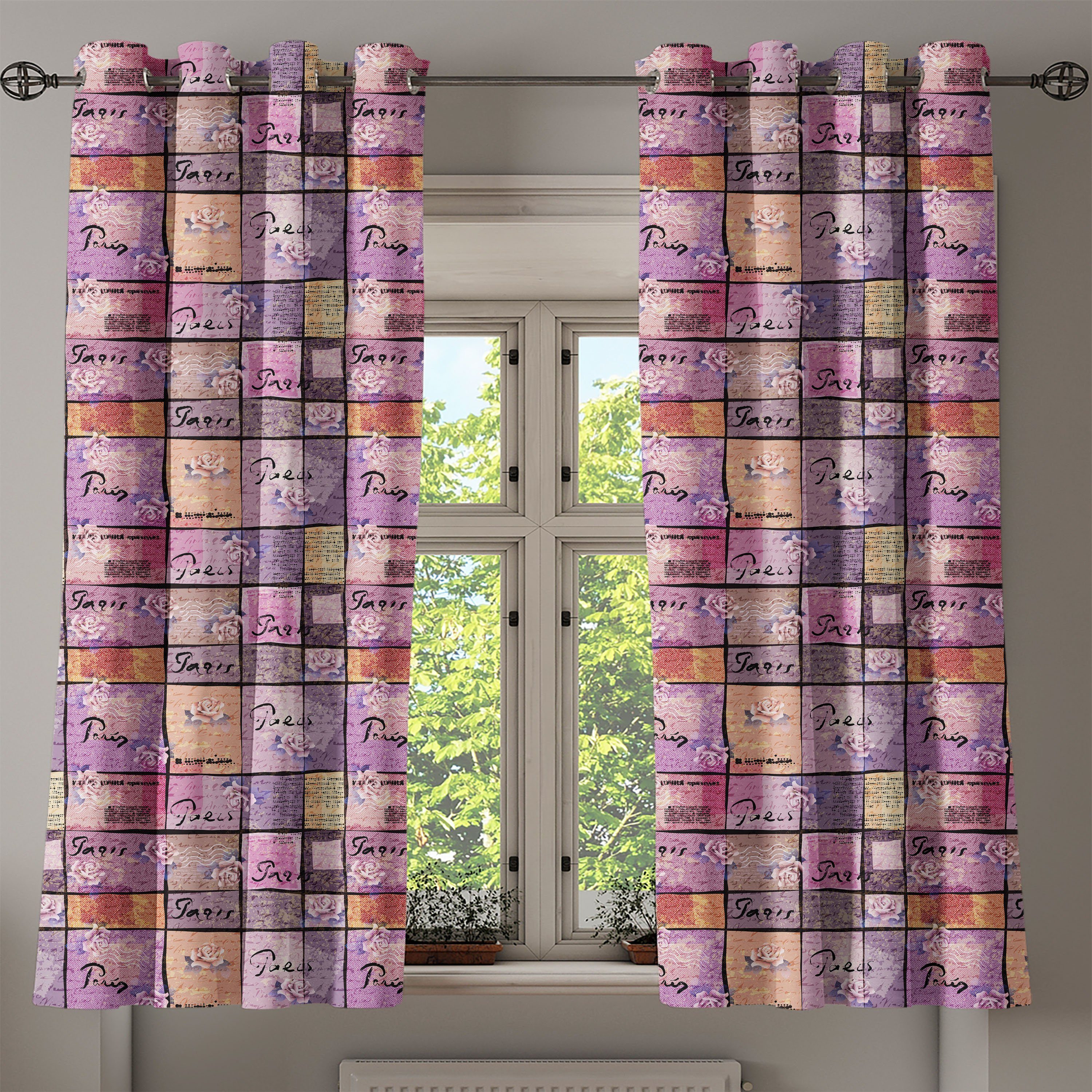 2-Panel-Fenstervorhänge für Vintage Letters Gardine Rosa Dekorative Abakuhaus, Schlafzimmer Aquarell Wohnzimmer,