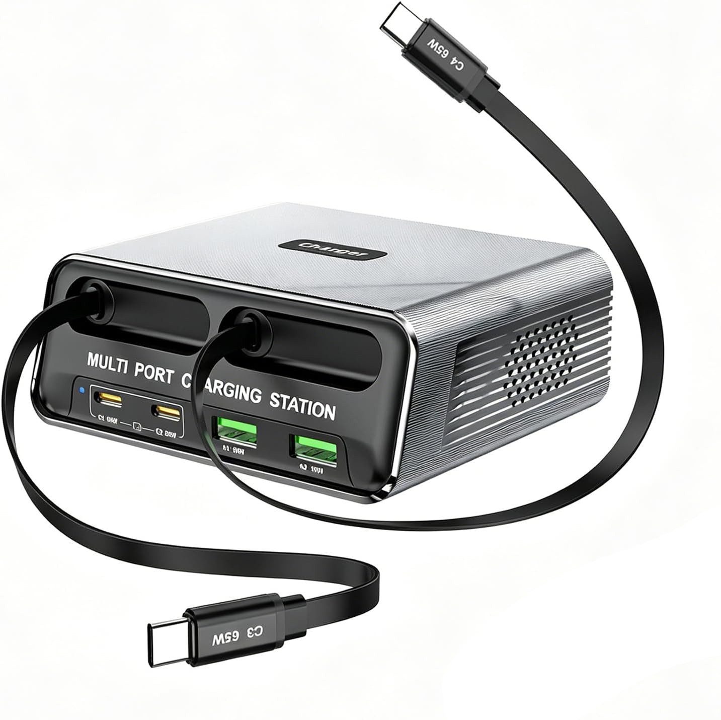 ibettertec 6-in-1 USB-C Ladestation mit 2 integrierten Einziehkabeln Smartphone-Kabel, 2 USB-C- und 2 USB-A-Anschlüssen für Smartphone, Tablet und Laptop