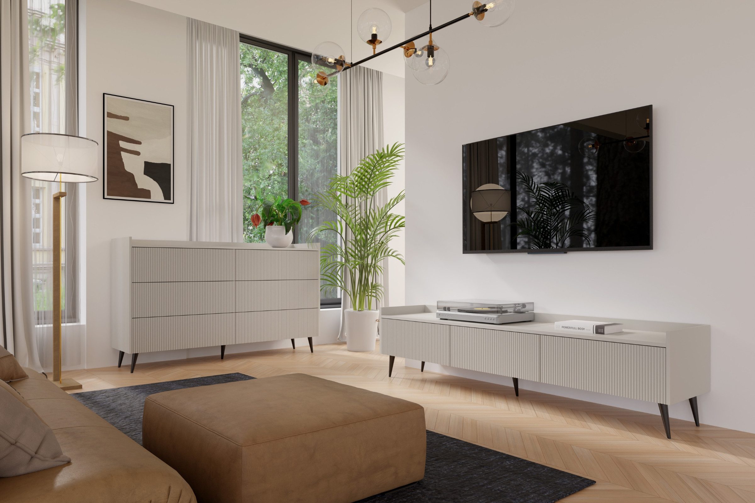 Deine Möbel 24 TV-Board DALIA 05 TV-Lowboard TV-Schrank 180 cm breit (DALIA-Kollektion, 1 St., ideal für Wohnzimmer), 3 Klappen, geriffelte Fronten, Farbe Kashmir oder Walnus