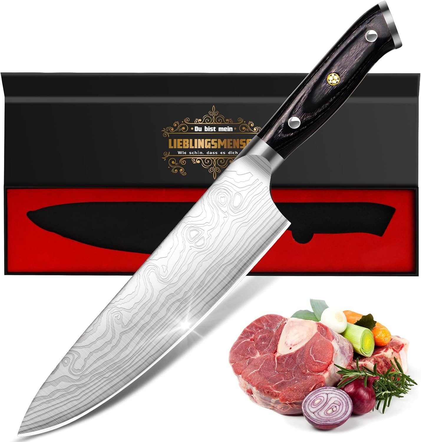 Vivitar Kochmesser 34 cm Profi Küchenmesser aus EN1.4116 Stahl, mit ergonomischem Griff, 58 ± 2 HRC Härte, graviertes vielseitiges Küchenmesser in Geschenkbox