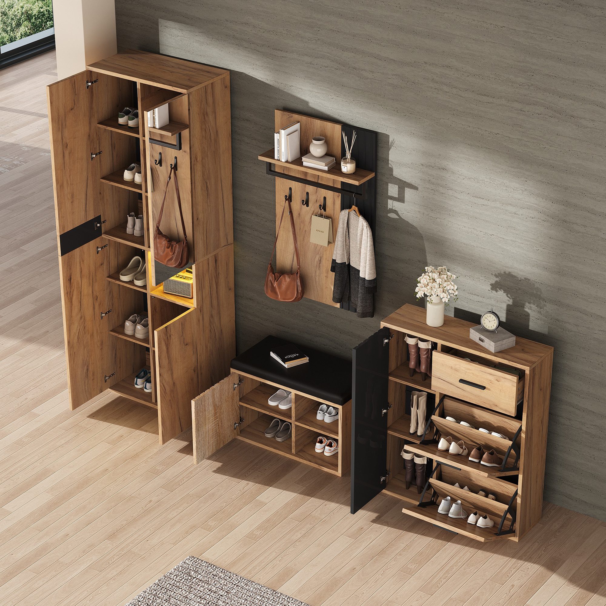 Merax Garderoben-Set 4-teilig Garderobenset, (1-St., Kleiderschrank, Schuhschrank, Schuhbank & Wandgarderobe), Flurmöbel, 215×36×190 cm