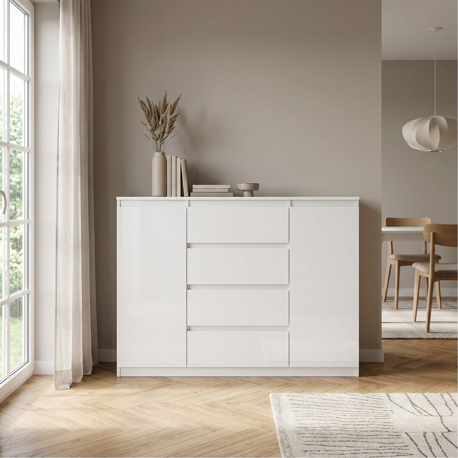 Masseno Kommode NUDO 120 cm Sideboard mit 4 Schubladen und 2 Türen Weiß – Bild 4 von 5