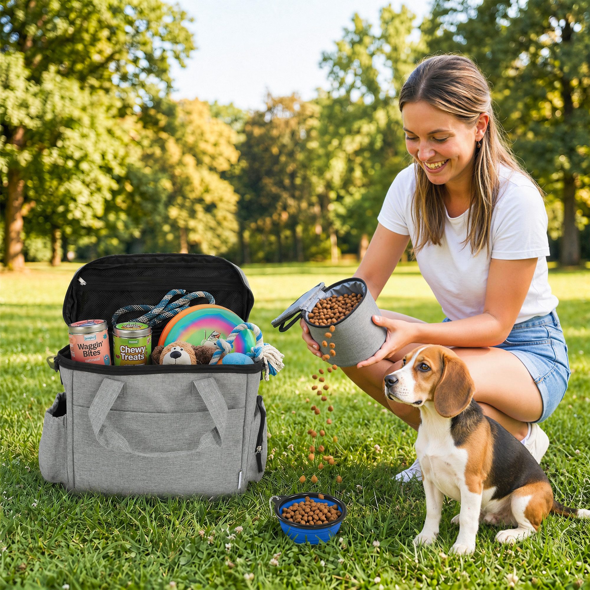 muvano Tiertransporttasche Vielseitige Tragetasche Hundereisetasche Futterbeuteln, faltbarem Napf, verstellbarer Trennwand, wasserabweisendem 300D-Polyester