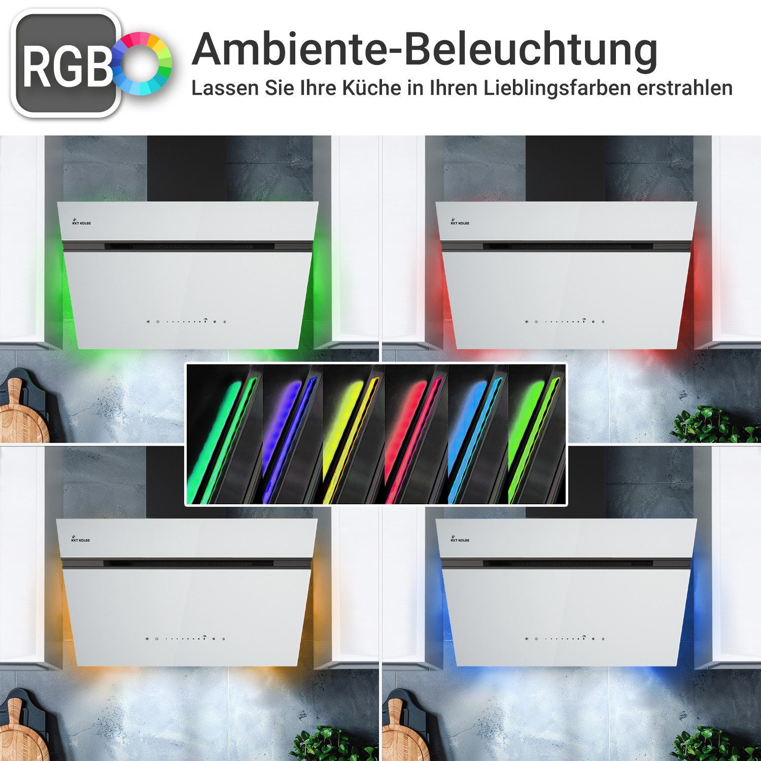 KKT KOLBE Wandhaube Dunstabzugshaube 80cm AURORA8005SW RGBW Ambientebeleuchtung Dunstabzugshaube 80cm AURORA8005SW RGBW Ambientebeleuchtung, Kopffreihaube / Umluft / Abluft / Smart WiFi-App / Schwarz Weiß / Glas
