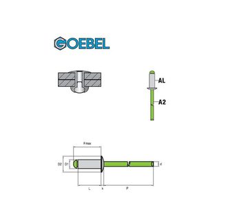 GOEBEL GmbH Blindniete 7020148800, (500x Aluminium / Edelstahl V2A / A2 - 4,8 x 8,0 mm, 500 St., Blindniete - Flachkopf Niete - Popniete), STANDARD