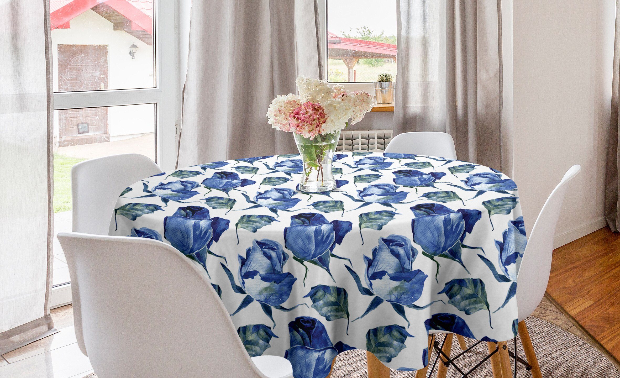 Abakuhaus Tischdecke Kreis Tischdecke Abdeckung für Esszimmer Küche Dekoration, Aquarell Rosen mit Blättern