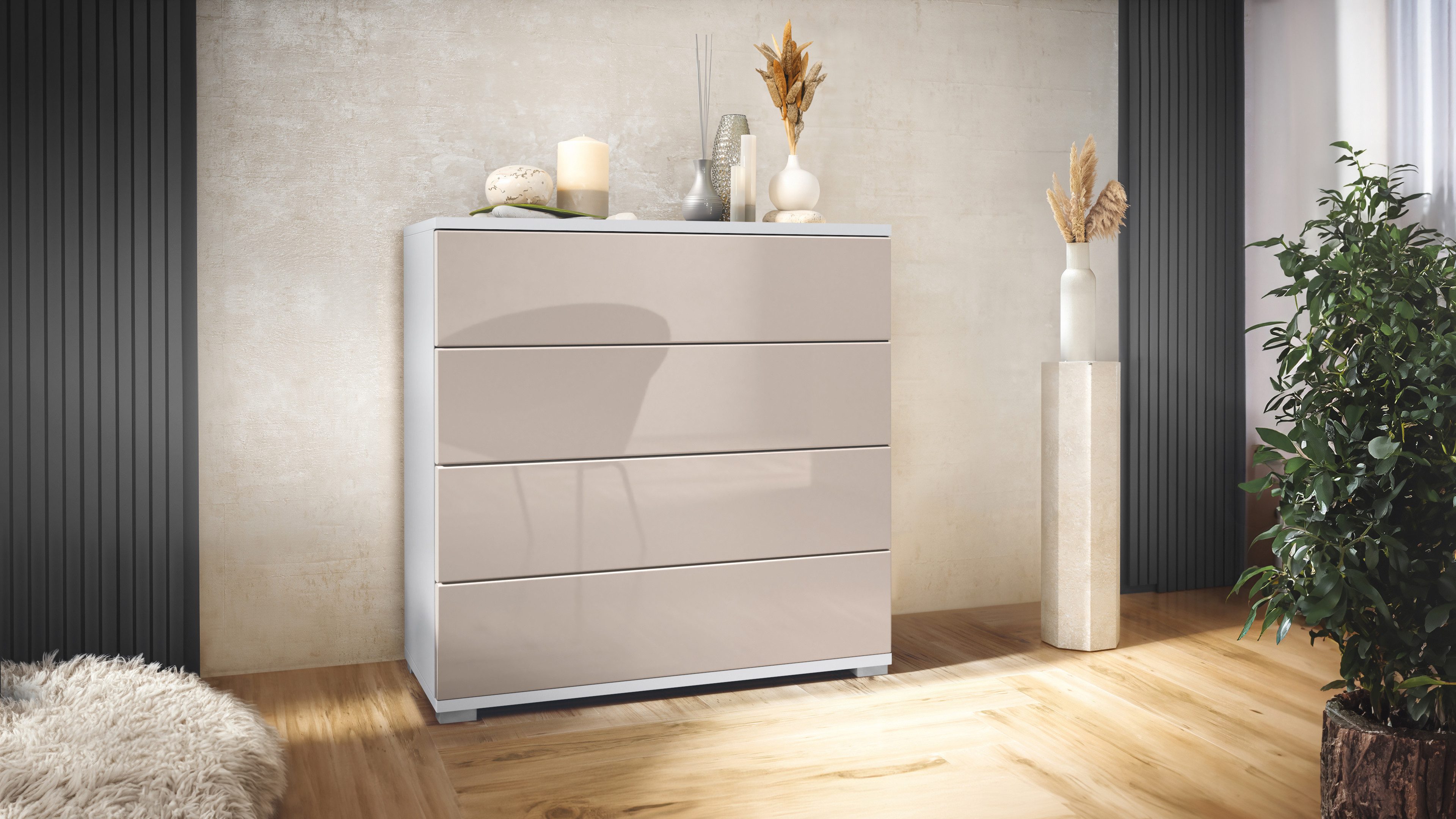 Vladon Kommode Pavos V3 (Sideboard, mit 4 Schubladen), Weiß matt/Sandgrau Hochglanz (76 x 76 x 35 cm)