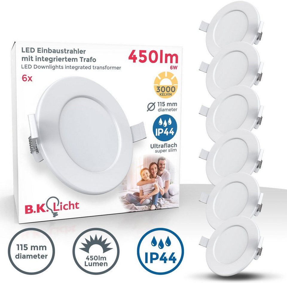 B.K.Licht LED Einbauleuchte, LED fest integriert, Warmweiß, Einbaustrahler,  Bad, Spots, ultraflach, Lampe, IP44, 115 mm, 6er SET