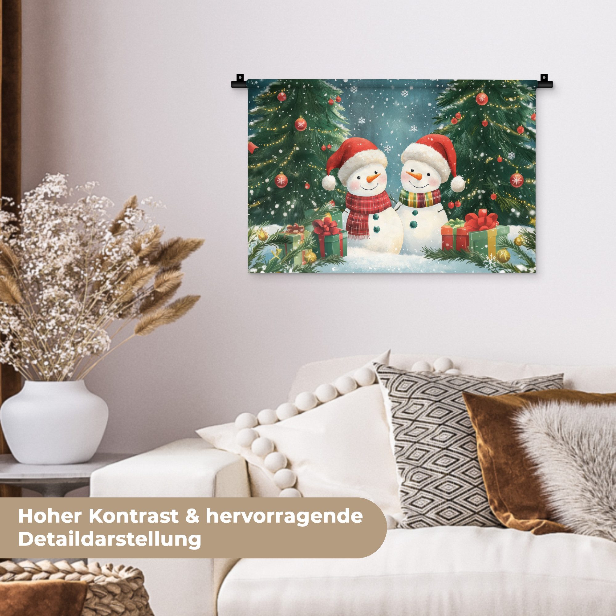 MuchoWow Wandteppich Schneemann - Weihnachtsschnee - Grün - Rot, Rechteckig, Höhe: 3 mm, Wandteppich für Wohnzimmer, Schlafzimmer, 60x40 cm