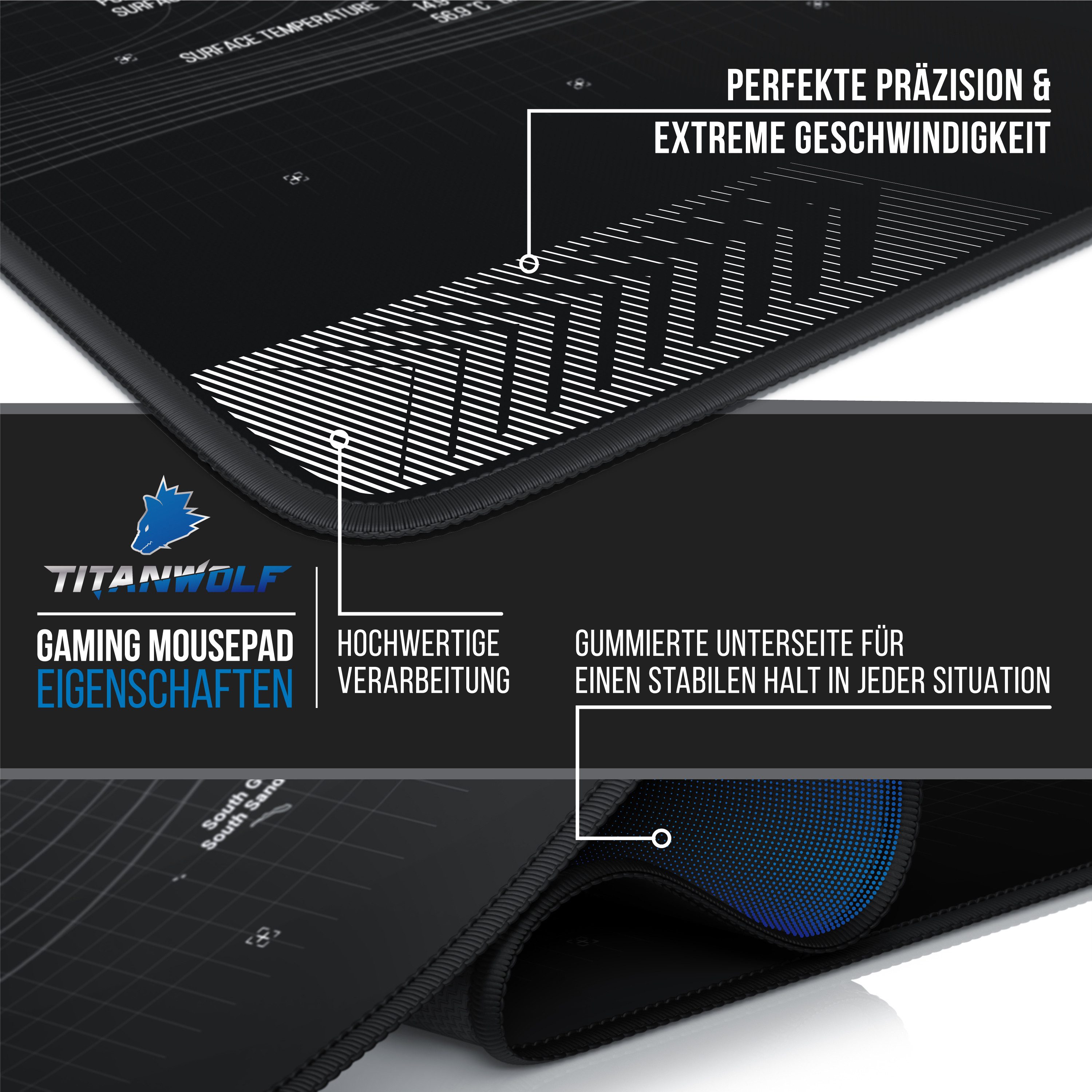 Titanwolf Gaming Mauspad XXXL Speed Mousepad 1800 x 800 x 3 mm, große Tischunterlage, rutschfest, abwaschbar, Geschwindigkeit & Präzision, Weltkarte