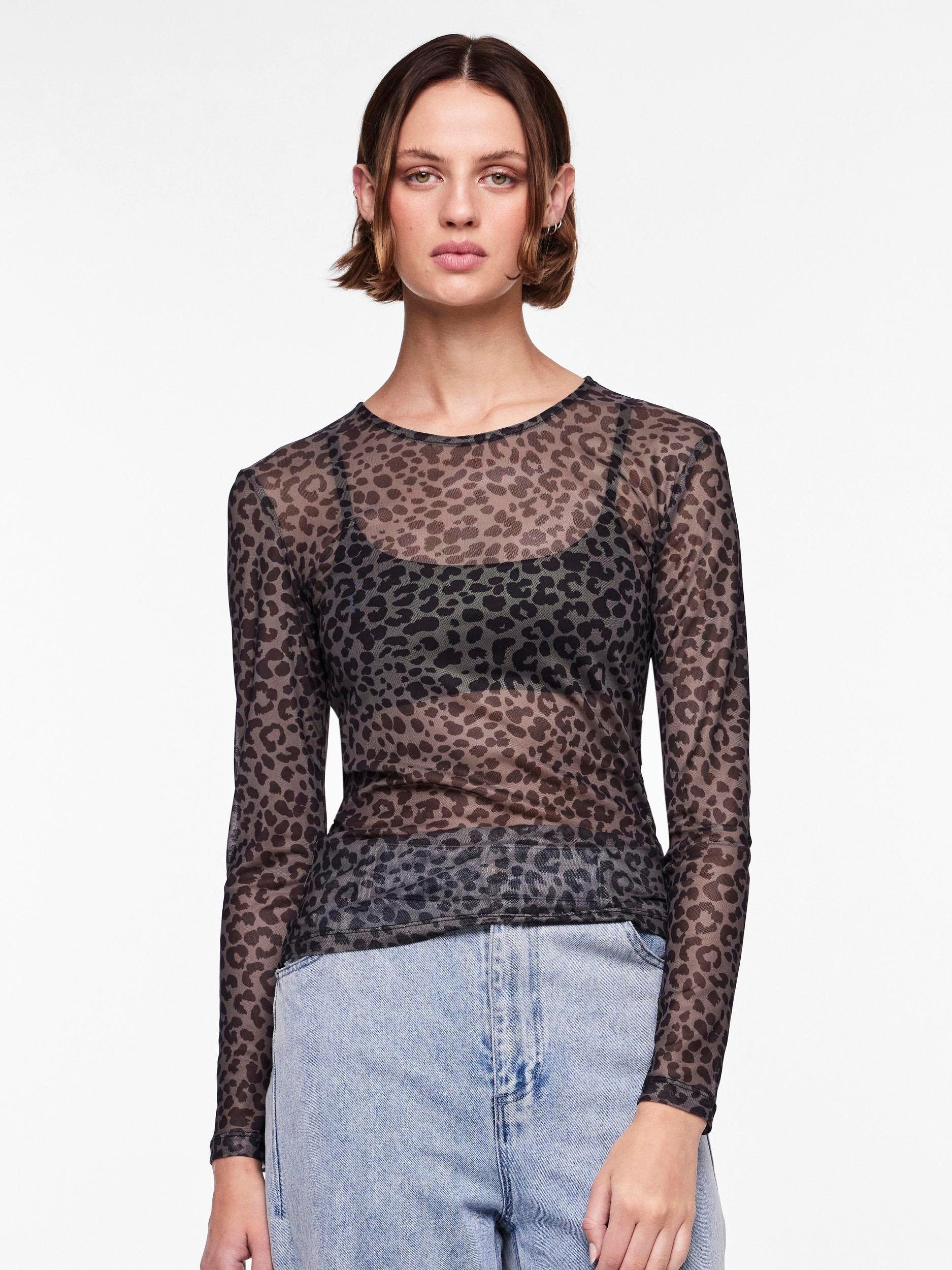 pieces Langarmshirt PCNINNI LS MESH NOOS AOP:LEO Black TOP BC