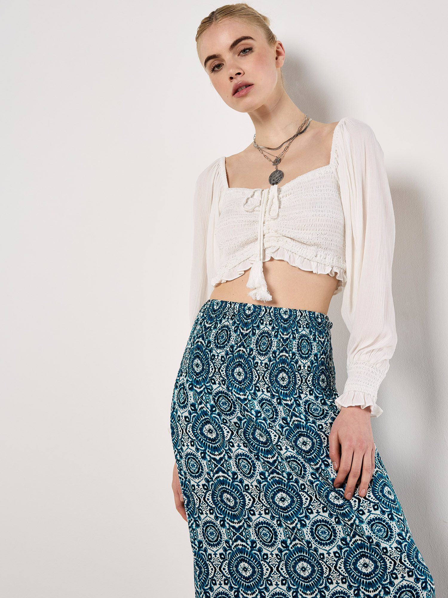 Apricot Maxirock Gesmokter Sommerrock mit Batikdruck