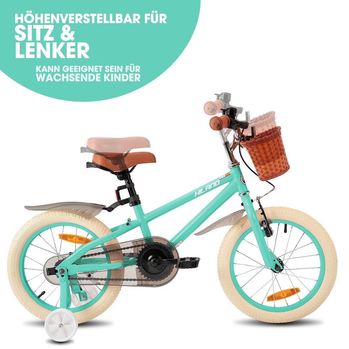HILAND Kinderfahrrad 14 16 18 Zoll Kinderfahrrad, Kinderfahrrad für Mädchen, mit Stützrädern, Handbremse und Rücktrittbremse, Korb