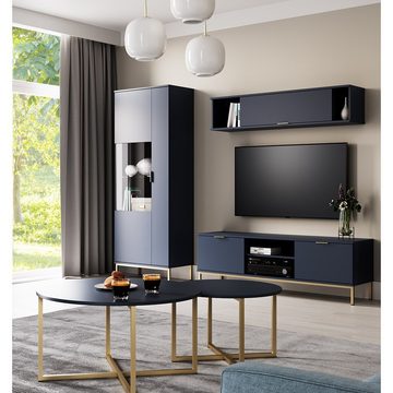 Lomadox Wohnzimmer-Set PERIA-132, (Mega-Spar-Set, 5-St., 5-tlg), Marineblau mit Fußgestell und Griffen aus Metall 235/190/41 cm