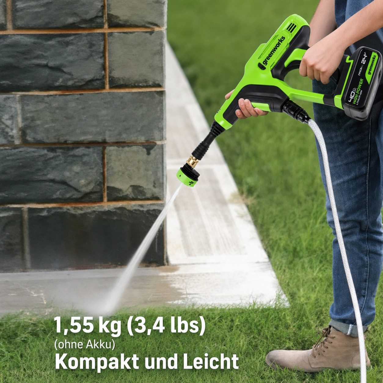 Greenworks Akku-Hochdruckreiniger 24V Akku Hochdruckreiniger 600 PSI kabellos mit 400W Motor, 4.0Ah, selbstansaugend, tragbarer Druckreiniger für Auto und Garten