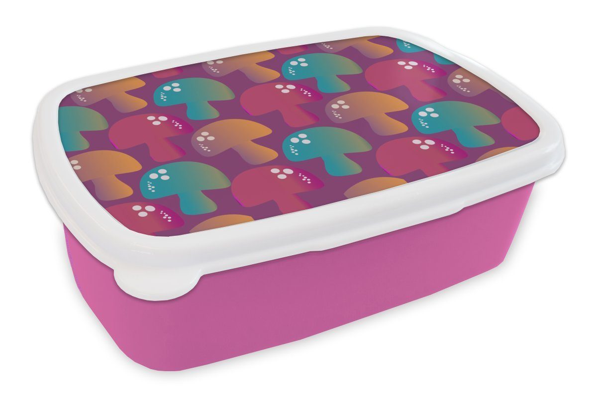 Muster Snackbox, MuchoWow für Kunststoff, Kinder, Brotdose Lunchbox Mädchen, Regenbogen, rosa - Pilz Kunststoff Brotbox - (2-tlg), Erwachsene,