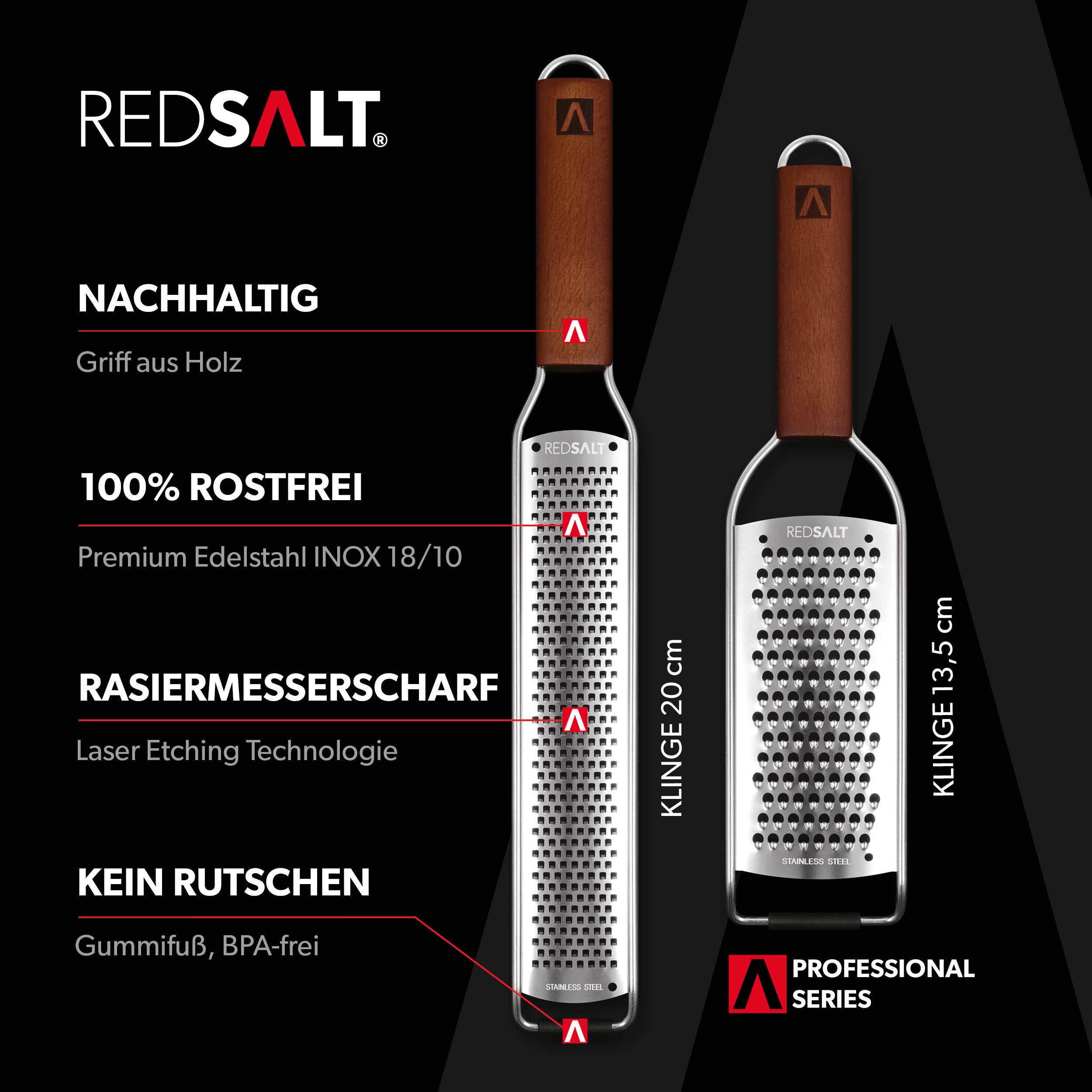 REDSALT® Küchenreibe Edelstahl Reiben Set mit Holzgriff, Profi Küchenreiben, Set Zester + Julienne Reibe, Feine rostfreie Edelstahl Klinge in INOX 18/10 Qualität