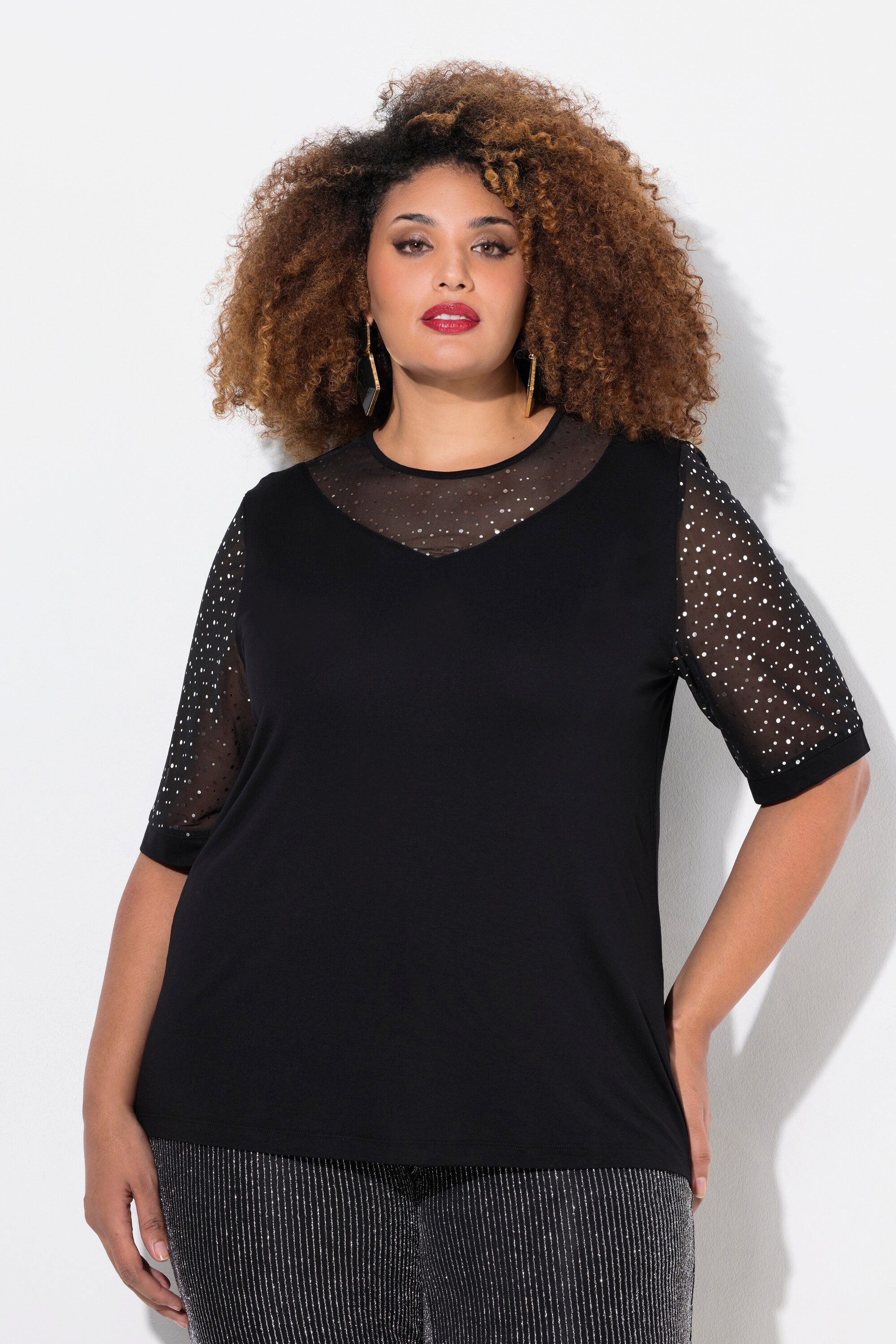 Ulla Popken T-Shirt T-Shirt Classic Fit Mesh mit Pailletten