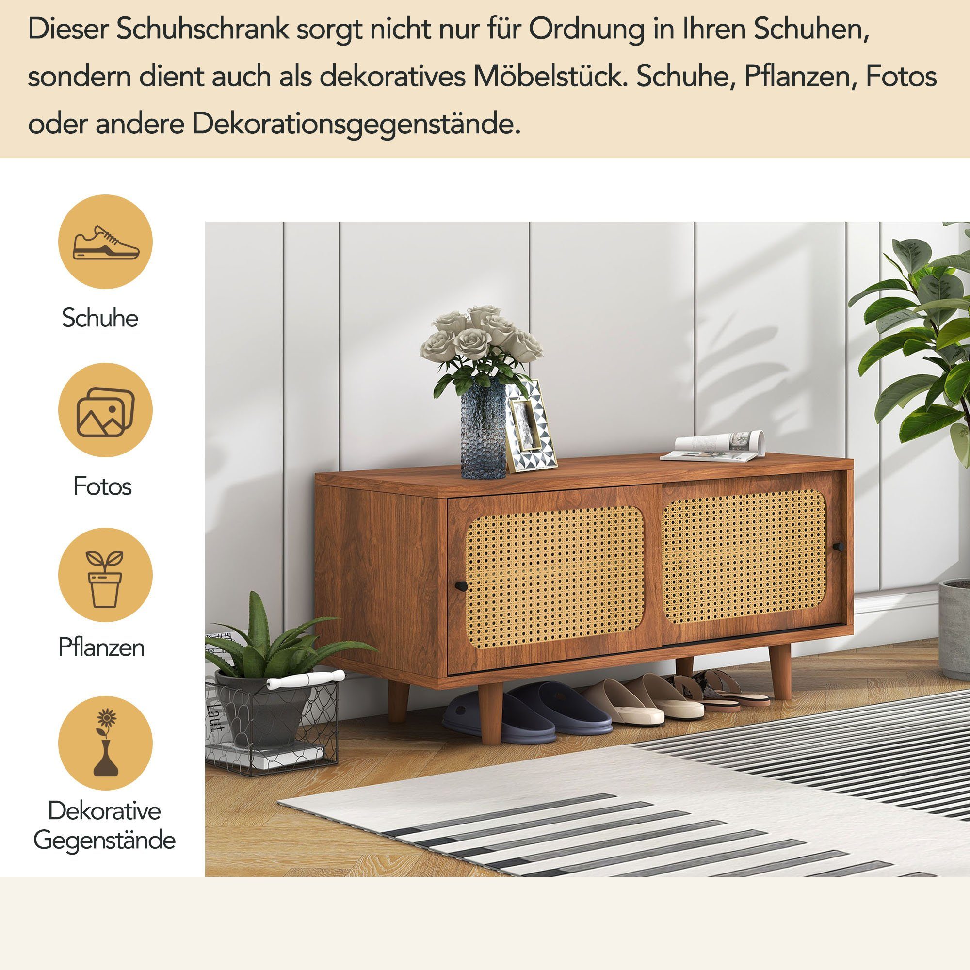 Merax Schuhbank mit Rattan-Schiebetüren, Sitzbank mit Holzfüße, für Flur
