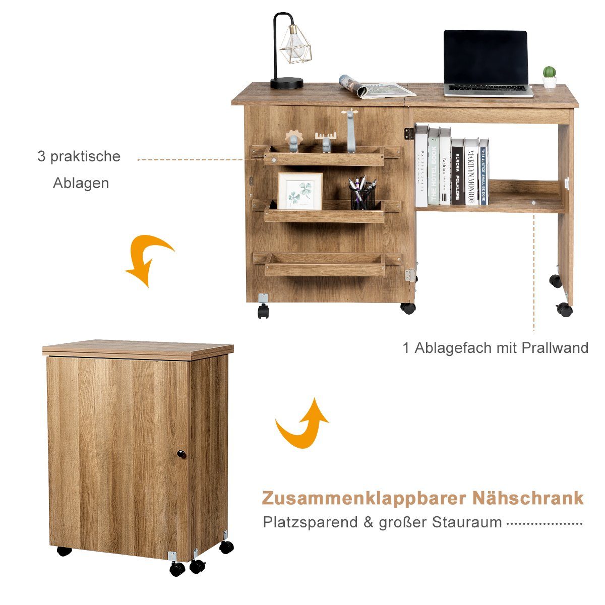 COSTWAY Regal-Schreibtisch, Nähschrank klappbar & rollbar, mit Stauraum, 11 günstig online kaufen