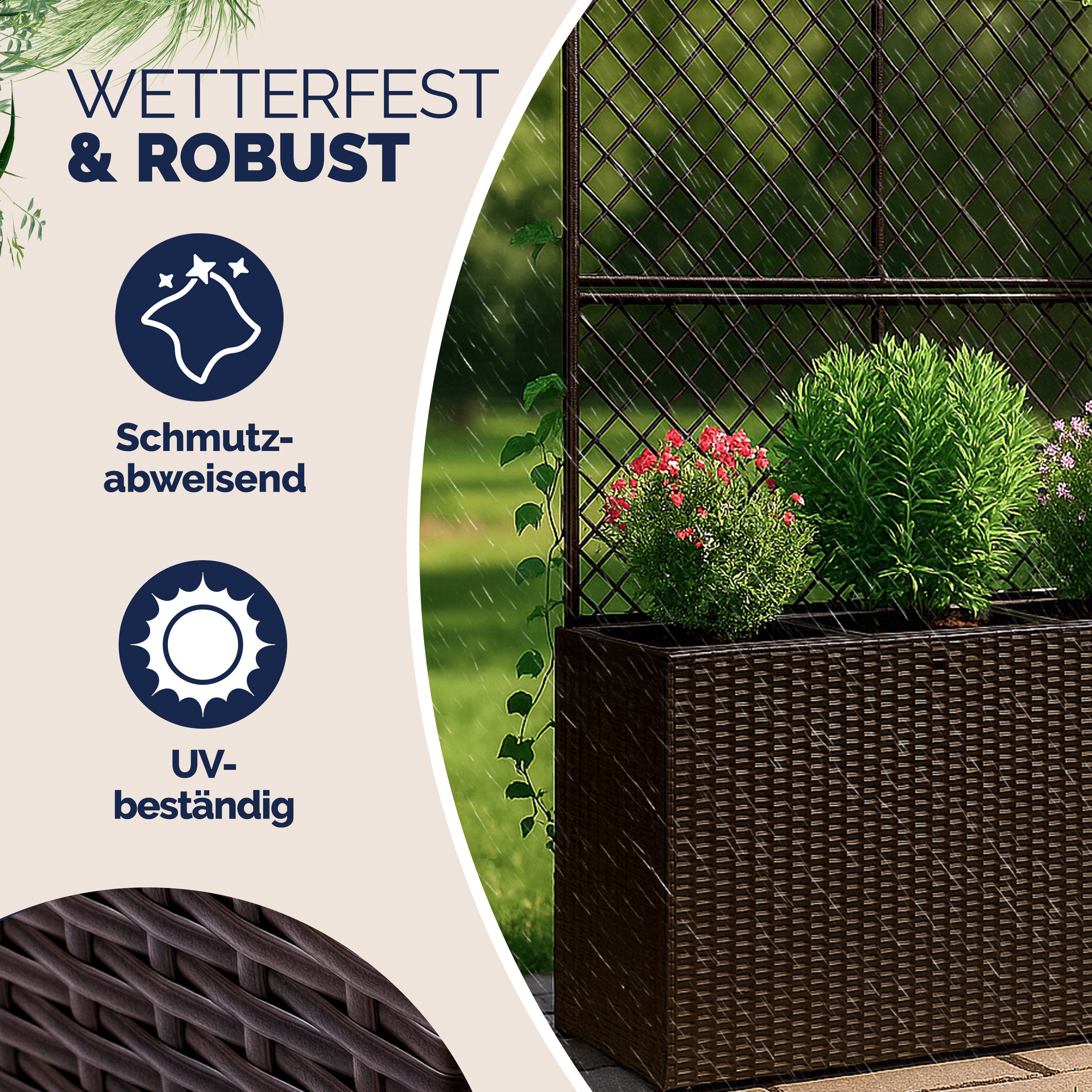 Casaria Blumenkasten, Blumenkasten Rankgitter 3 Innentöpfe Polyrattangeflecht Rankhilfe